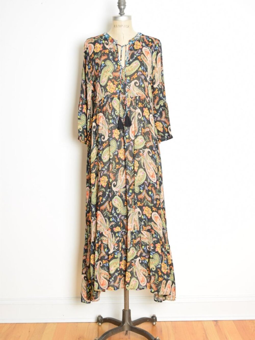 Johnny Was Jade dress sheer black floral paisley print long babydoll boho S